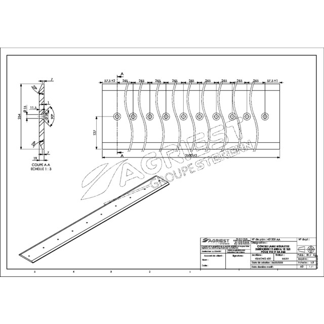 Contre Lame 254X19 LG 2500 500HB 10 TRS pour VIS TFØ14 EA 265 référence fournisseur 451203